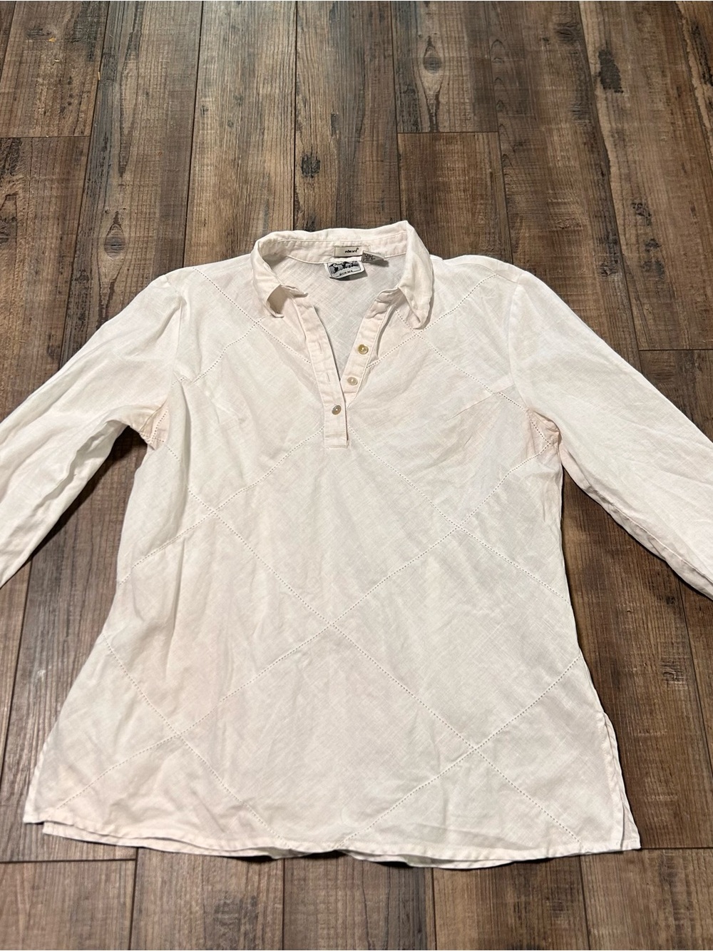 Edward Irish Linen White Blouse Henley Buttons 3/4 Sleeve Medium‎